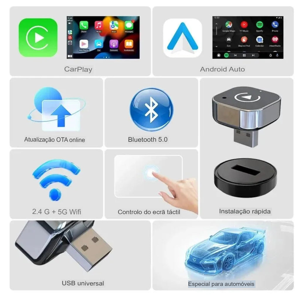 Adaptador sem fio 2 em 1 Pionray para CarPlay e Android Auto
